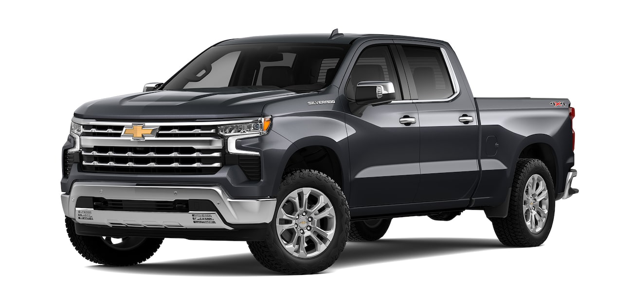 Pick up Chevrolet Silverado gris oscuro vista de frente lateral