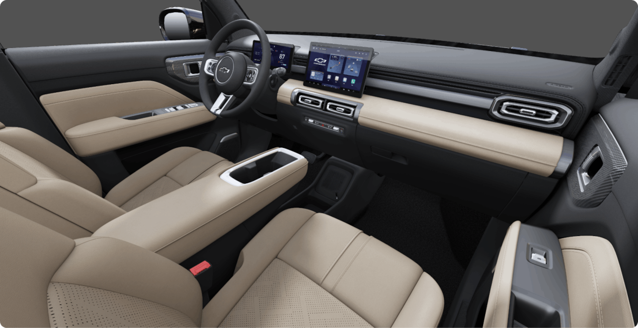 Cabina beige premium del Chevrolet Spark EUV, tecnología avanzada y confort en cada trayecto