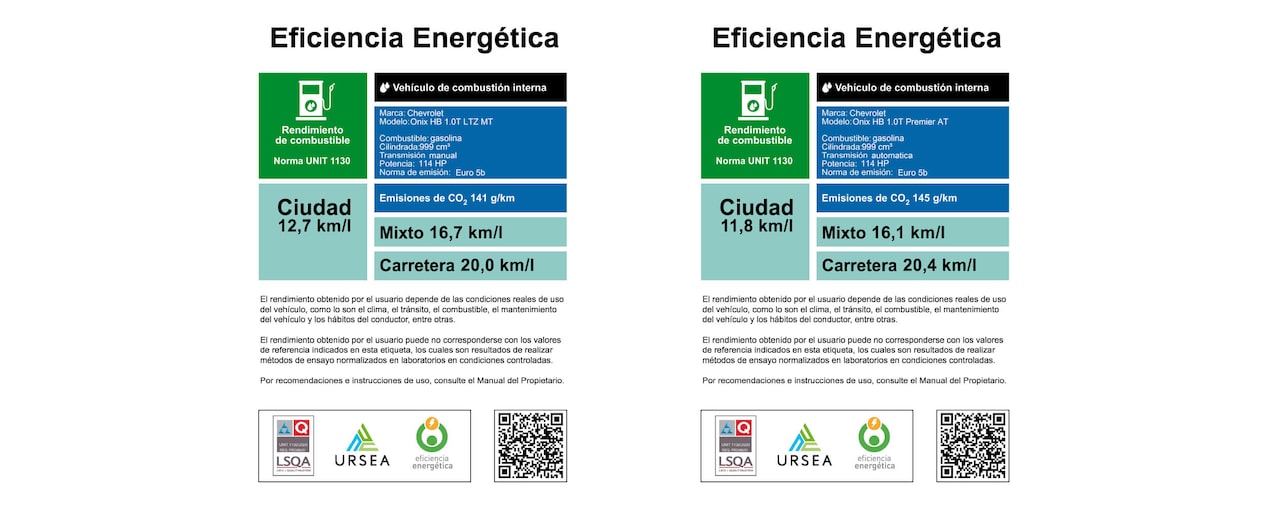 Eficiencia energética de Onix HB 1.0T LTZ MT y Onix HB Premier AT