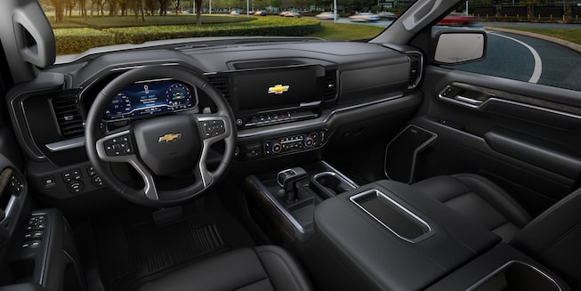 Detalles del interior delantero de la nueva camioneta Chevrolet Silverado