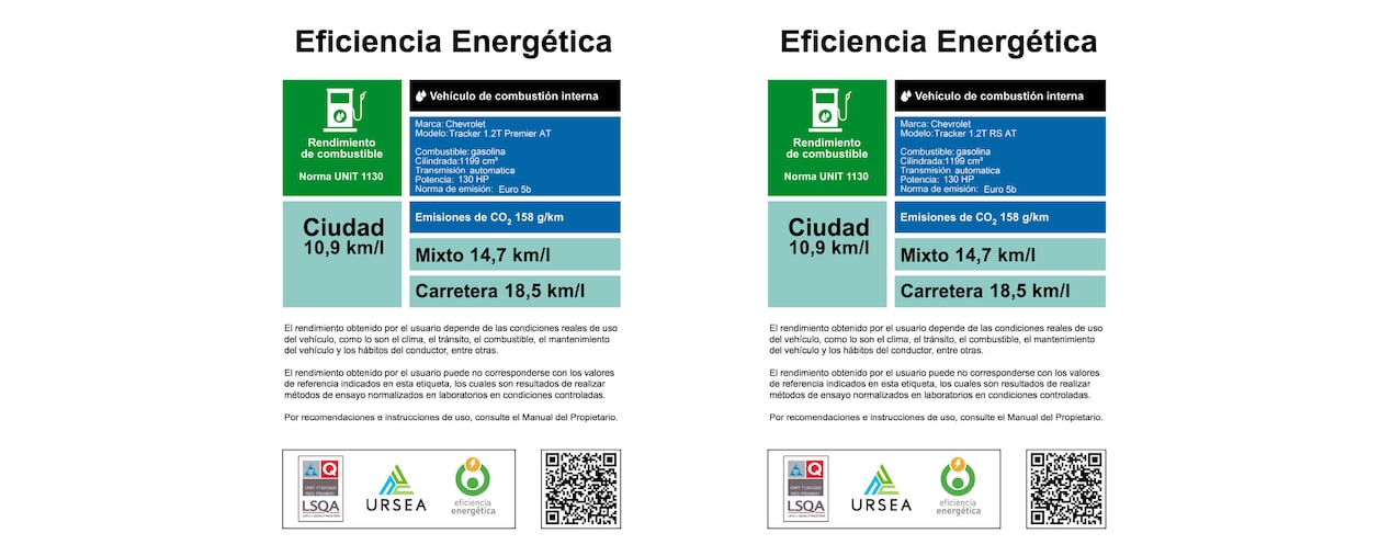 Eficiencia energética de Tracker 1.2T Premier AT y Tracker 1.2T RS AT