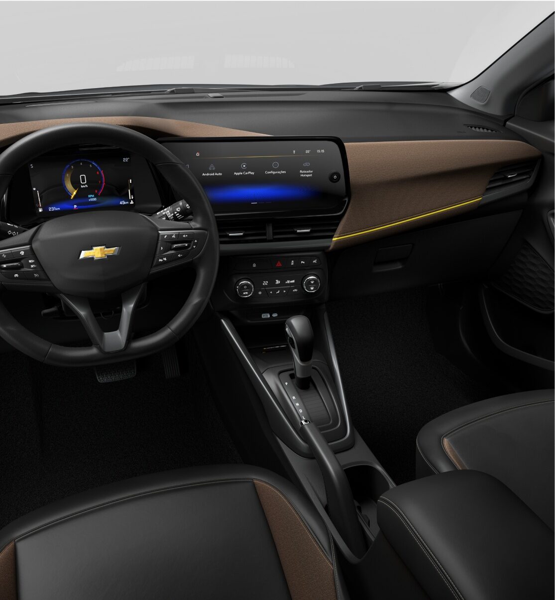Detalles del acabado interior del tablero y volante del Chevrolet Tracker.